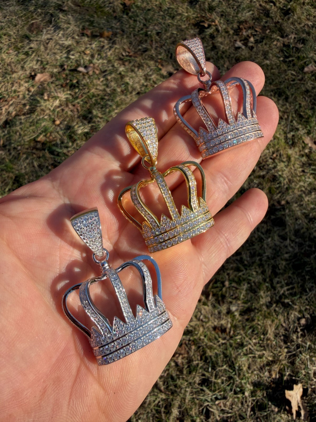 MOISSANITE Royalty Crown Pendant - 14k Yellow/Rose Gold Vermeil or 925 Silver - Large 2"