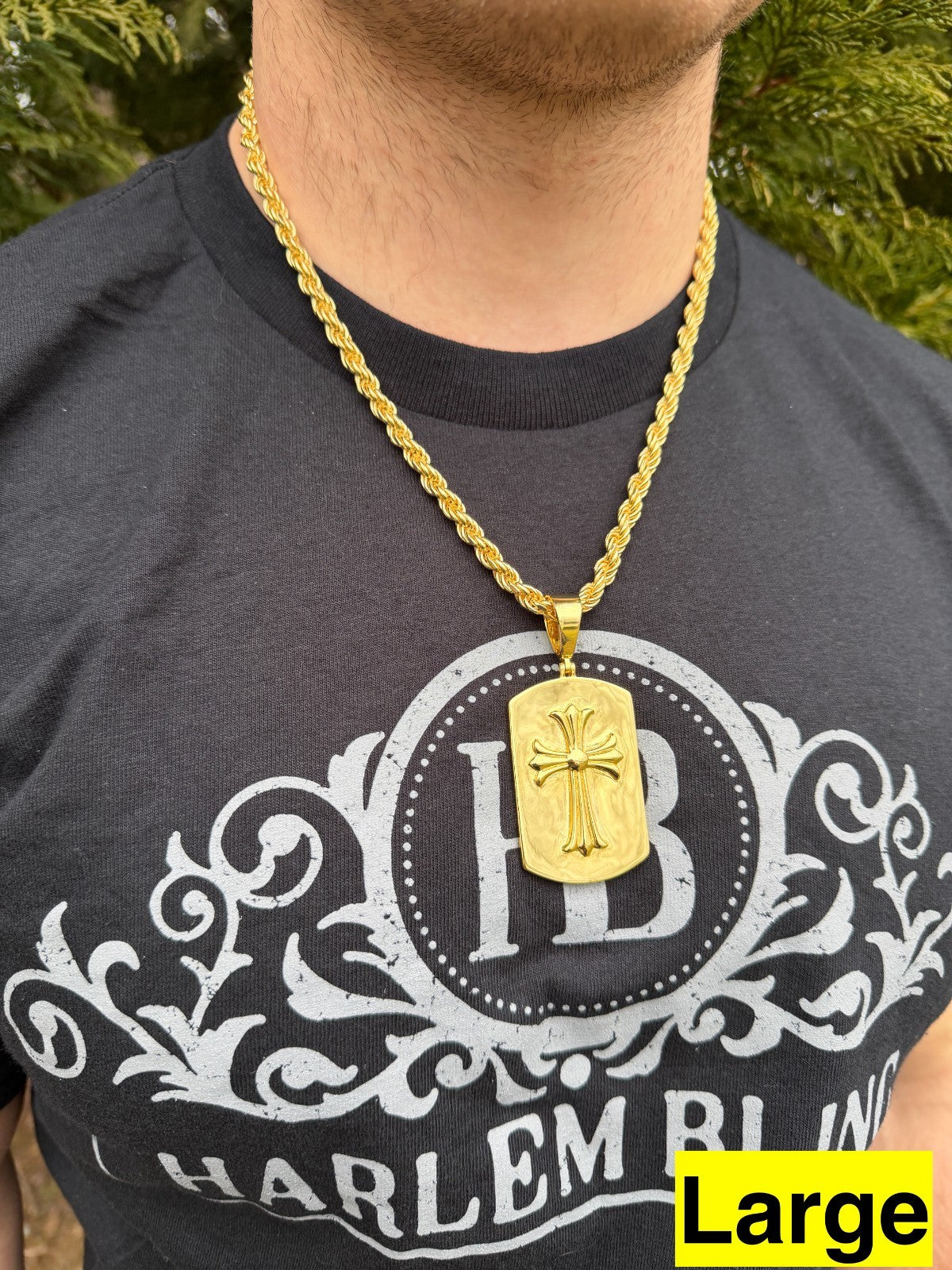 Hearts Chrome Dog Tag Cross Pendant - 14k Gold Vermeil 925 Silver - 3 Sizes 1"-2.75"