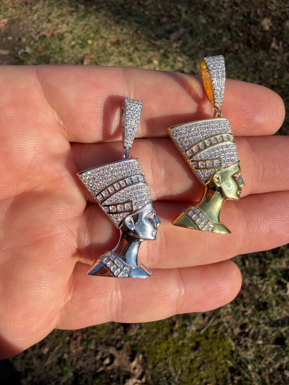 MOISSANITE Hip Iced Out Egyptian Queen Nefertiti Pendant - 14k Yellow Gold Vermeil Or 925 Silver - Medium 1.75"