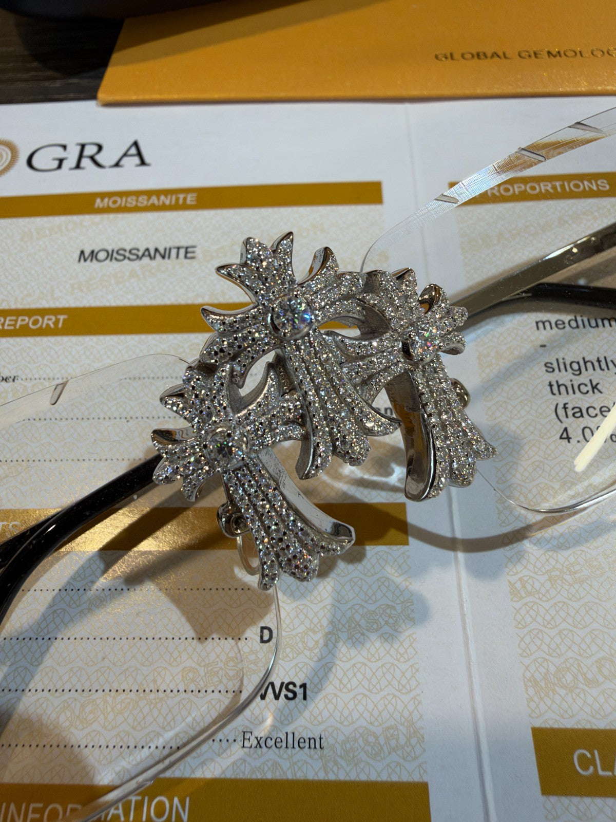MOISSANITE Hearts Chrome Cross Iced Out Sunglasses - 925 Silver Buffs - Clear