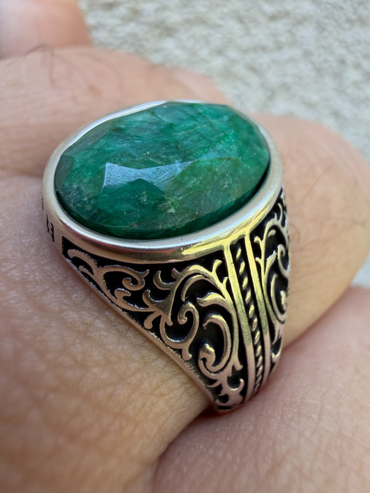 Columbian King Ring - 925 Silver Oxidized - Genuine Green Emerald Stone