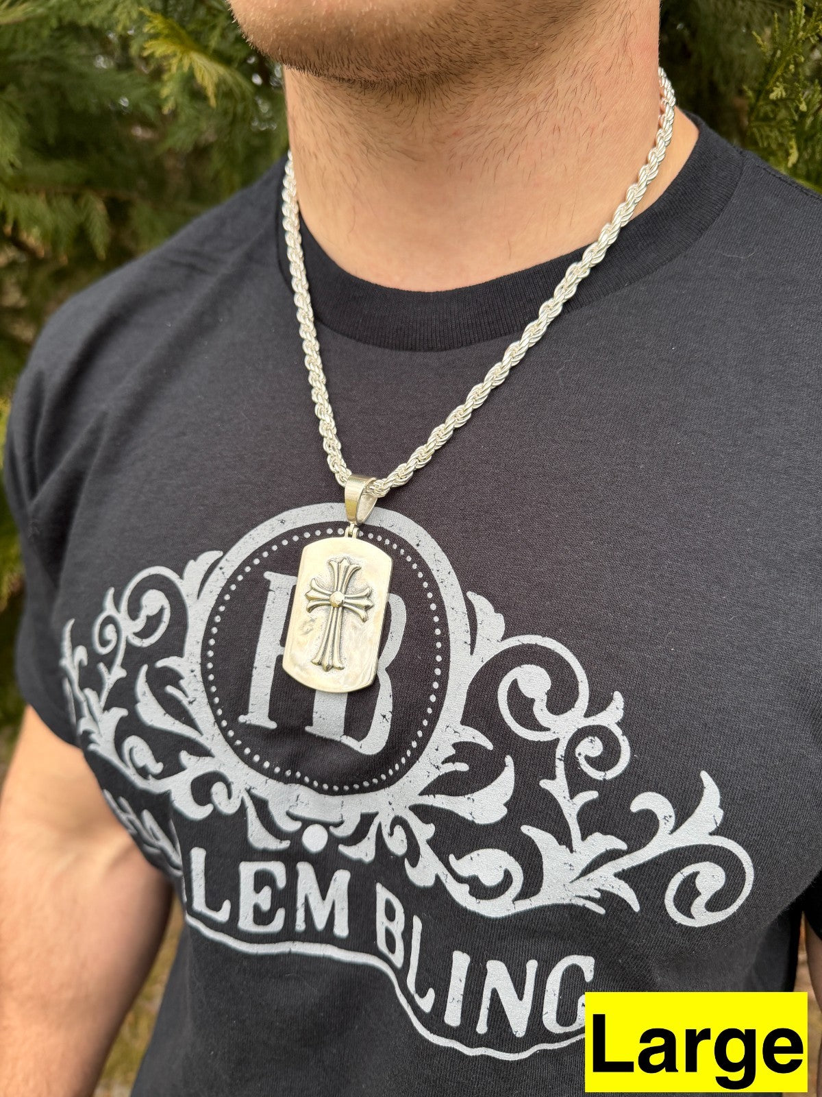 Hearts Chrome Dog Tag Cross Pendant - 925 Silver - 3 Sizes 1"-2.75"