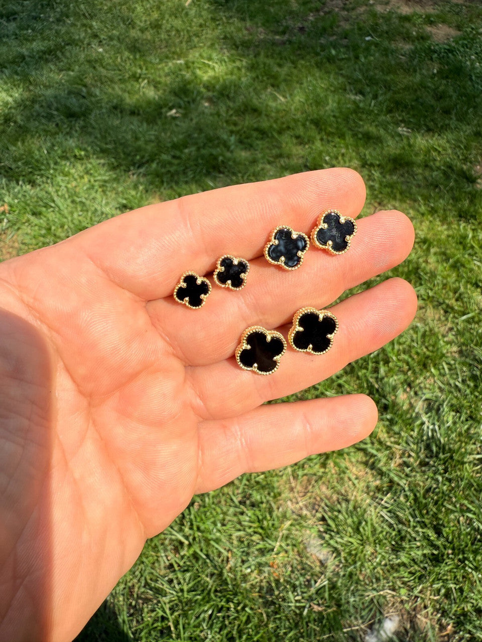 Black Onyx Clover Earrings - 14k Gold Vermeil 925 Silver - 8mm-12mm