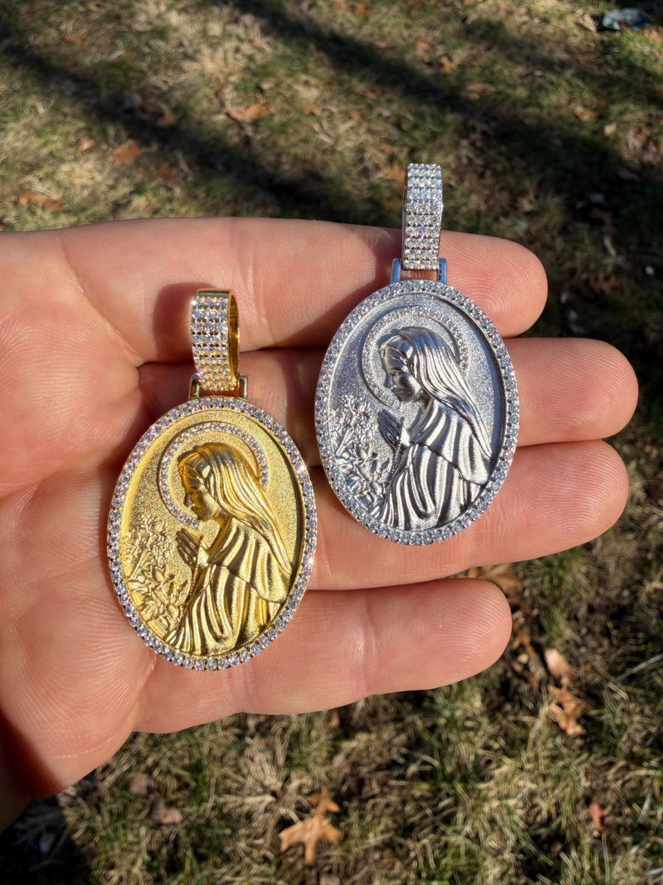 MOISSANITE Virgin Mary Sandblasted Medallion Pendant - 14k Gold Vermeil Or 925 Silver - Medium 2"