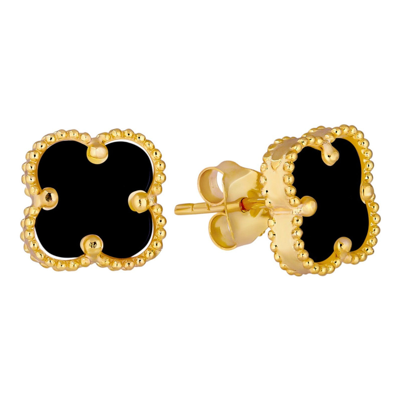 Black Onyx Clover Earrings - 14k Gold Vermeil 925 Silver - 8mm 