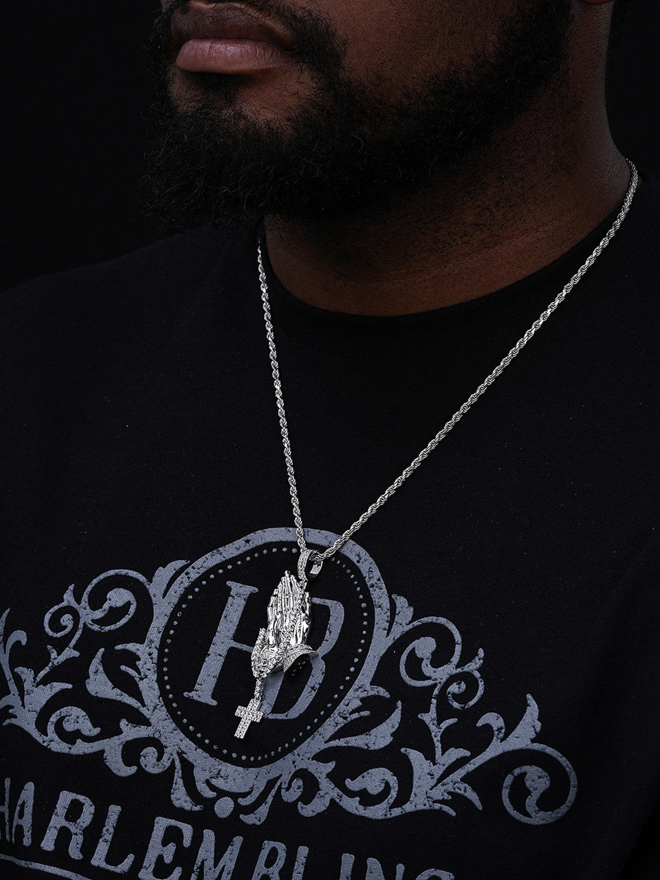 Praying Hands Cross Hip Hop Pendant - 14k Gold Vermeil Or 925 Silver - CZ Stones - Large 3.5"