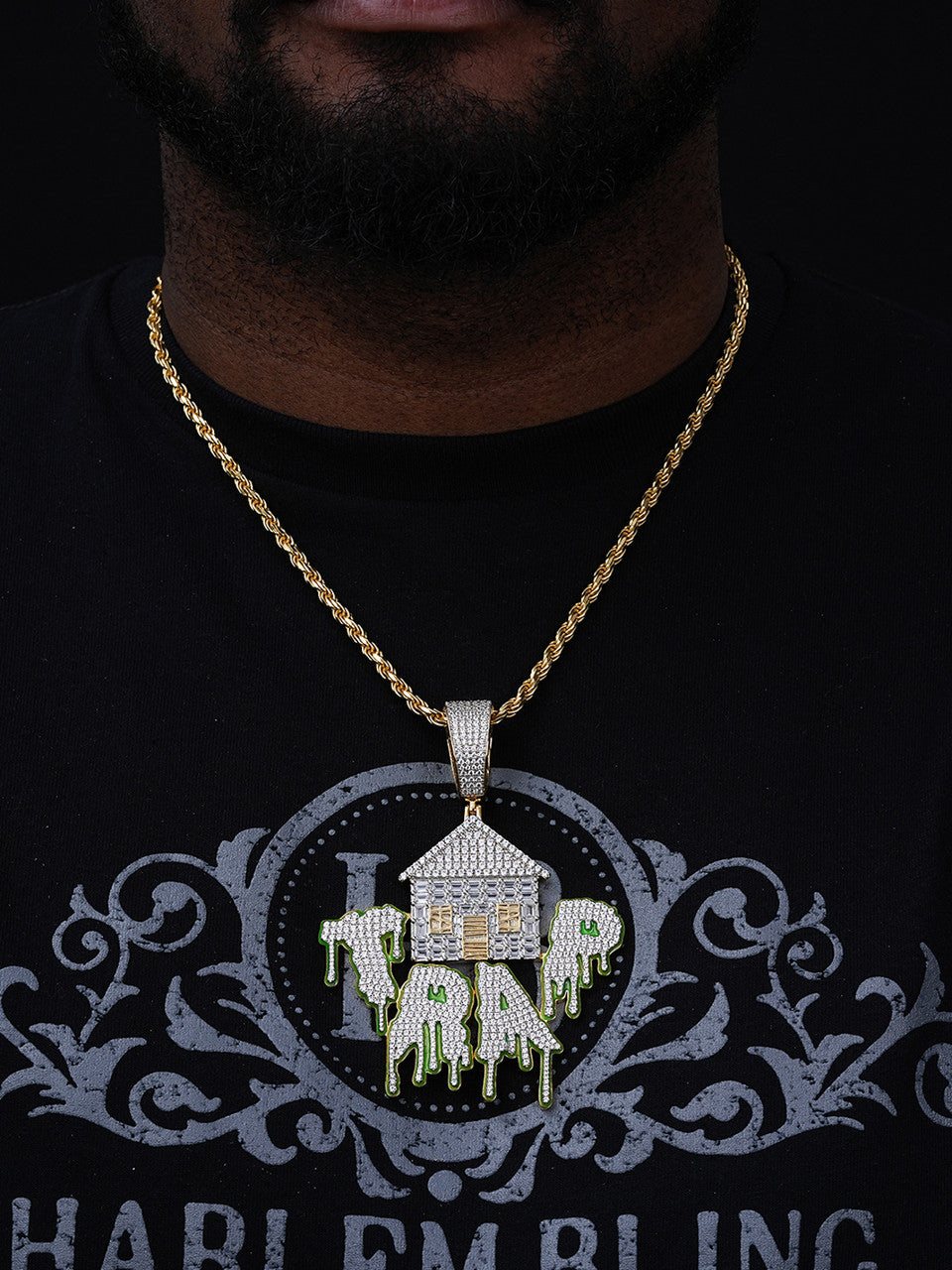 Glow In Dark HOUSE TRAP Hip Hop Pendant - 14k Gold Vermeil Or 925 Silver - CZ Stones - Huge 4"
