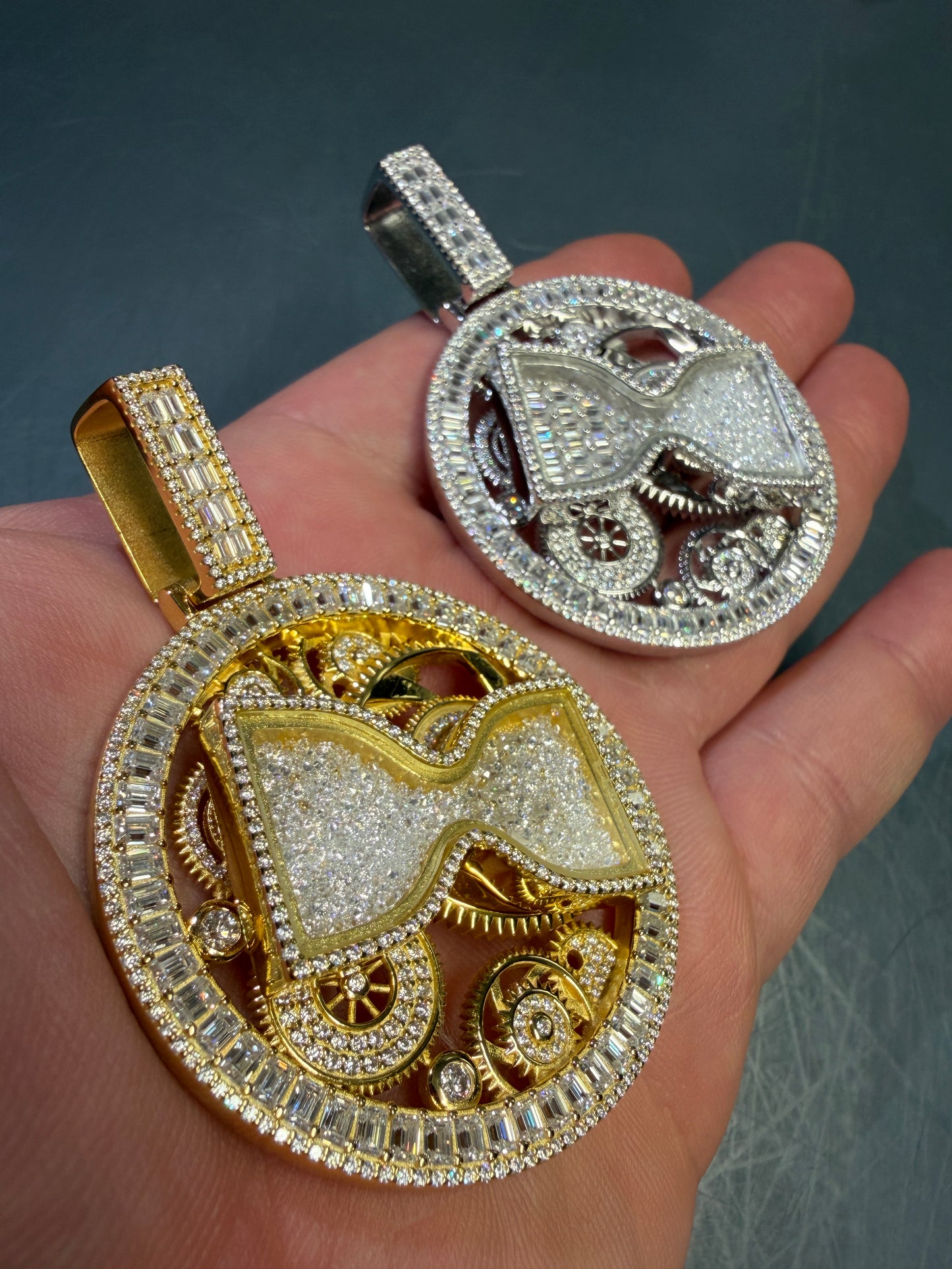 LIMITED EDITION - MOISSANITE Spinning "Time Is Money" Sand Clock Iced Out Pendant - 14k Gold Vermeil Or 925 Silver - Large 2.75"
