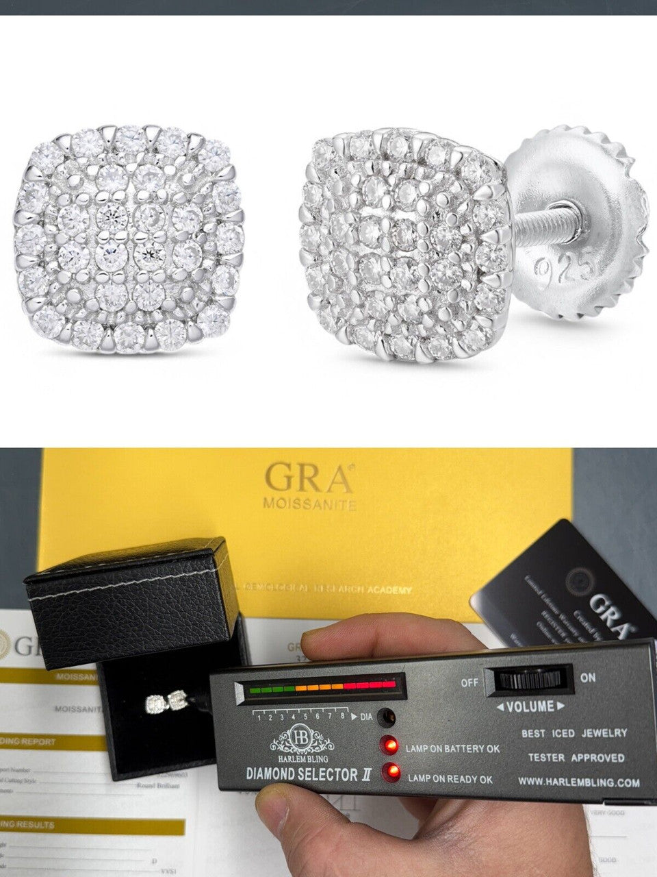 Iced Square Cheap Moissanite Earrings Men Ladies 6.5mm - 925 Sterling Silver Imported from eBay HarlemBling