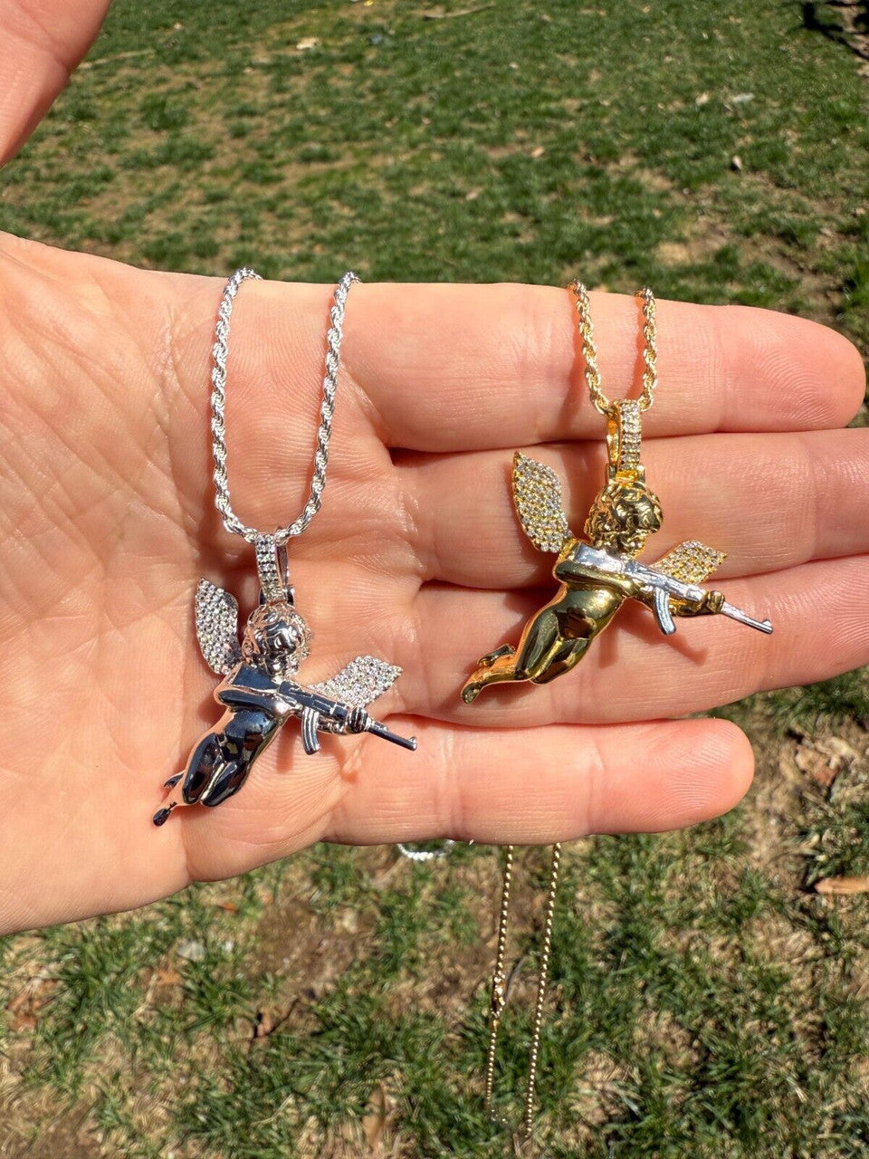 MOISSANITE Hip Hop Angel W. AK47 Gun Pendant - 14k Yellow Gold Vermeil Or 925 Silver - Medium 1.5" EVERYDAY ESSENTIALS HarlemBling