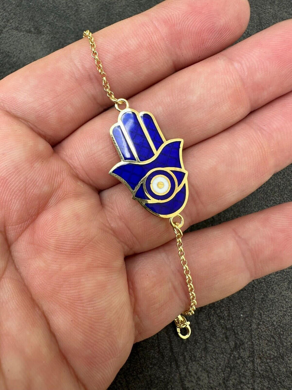 Hamsa Hand Bracelet Solid Real 925 Silver 14k Gold Plated Blue Enamel Evil Eye