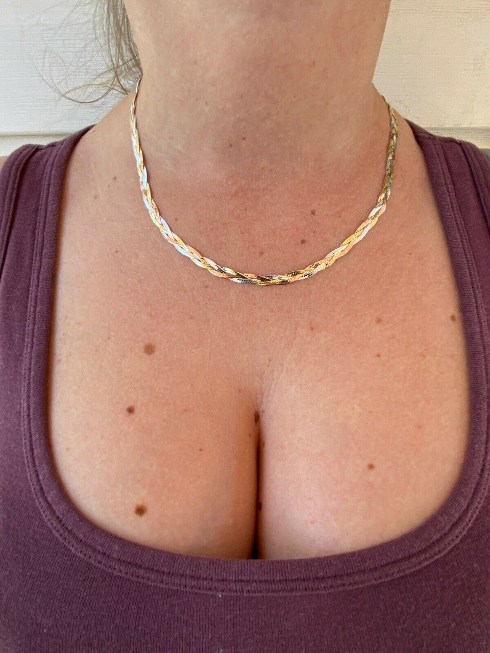 Handmade 925 Silver Tri Color Yellow Rose Gold Twisted and Braided Herringbone Chain Necklace