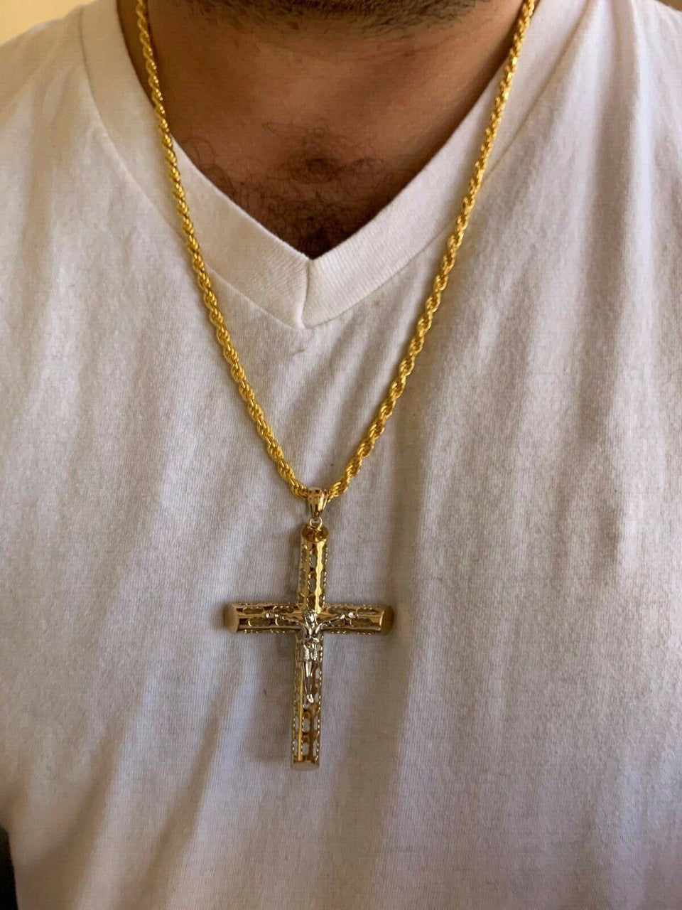 HarlemBling 14k Gold Over Real Solid 925 Silver Cross Jesus Piece 4 Sizes Mens Ladies ITALY