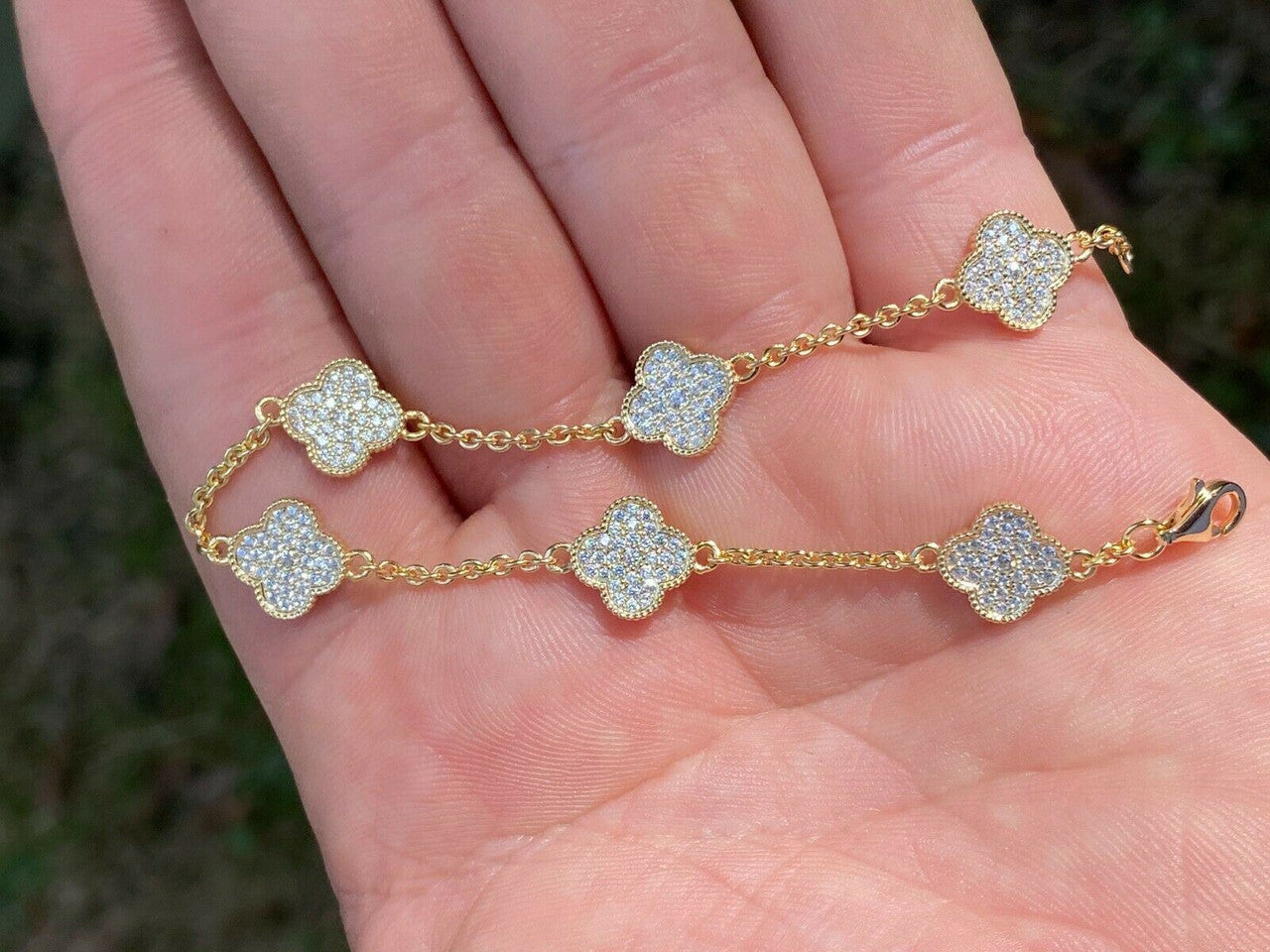 HarlemBling 14k Gold Over Solid 925 Sterling Silver Four Leaf Clover 6 Motif Bracelet Ladies