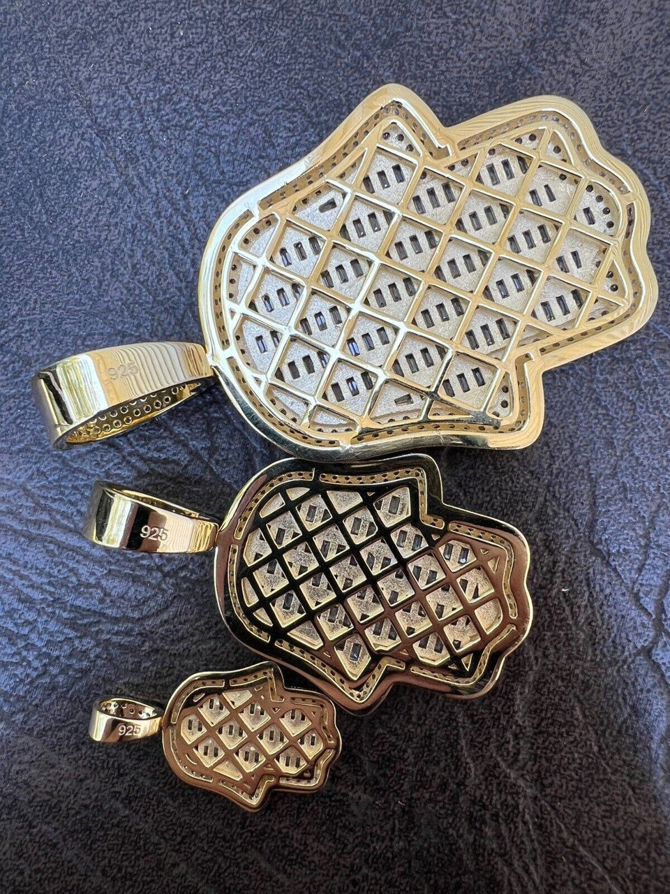 HarlemBling 14k Gold Plated 925 Silver Hand Hamsa Iced Baguette CZ Hip Hop Pendant Necklace