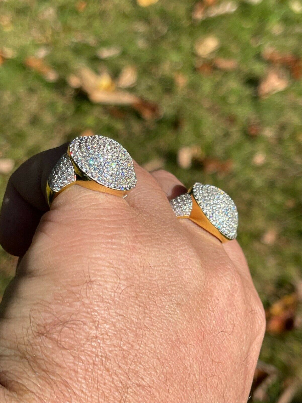 HarlemBling 14k Gold Vermeil 925 Silver Round 3D Mens Diamond Pinky Ring Iced Bling Jewelry