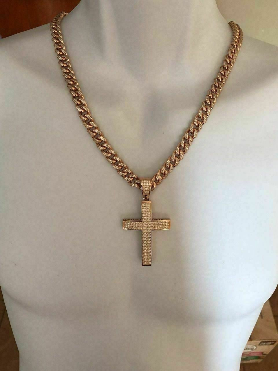 HarlemBling 14k Rose Gold Over Solid 925 Silver Mens Large Cross 3ct Diamonds 2x1.5 Hip Hop