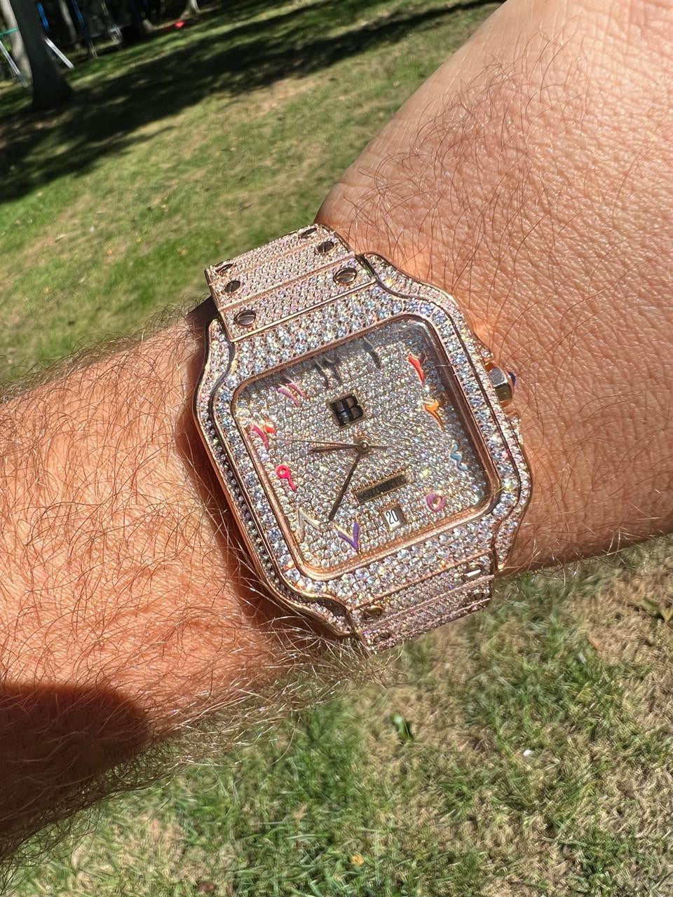 HarlemBling 14k Rose Gold Stainless Steel Mens Watch Iced Simulated Diamond Hip Hop Arabic