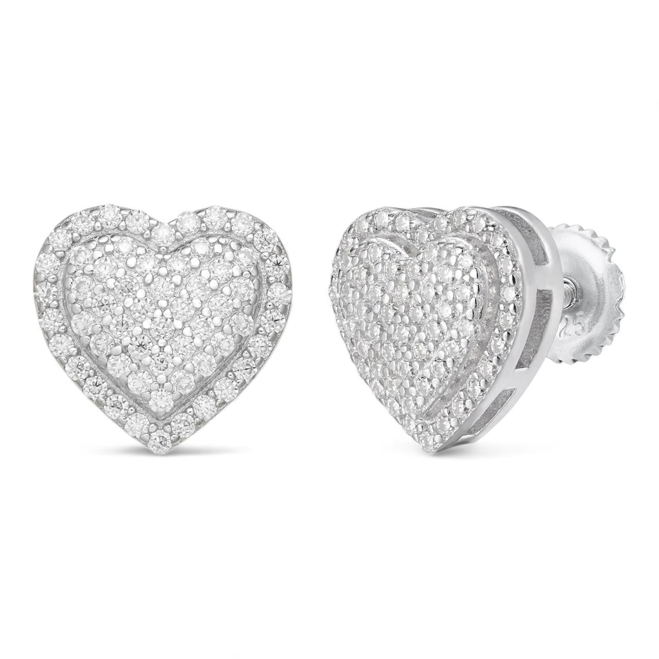 Solid 925 Sterling Silver Iced Heart Stud Earrings Men