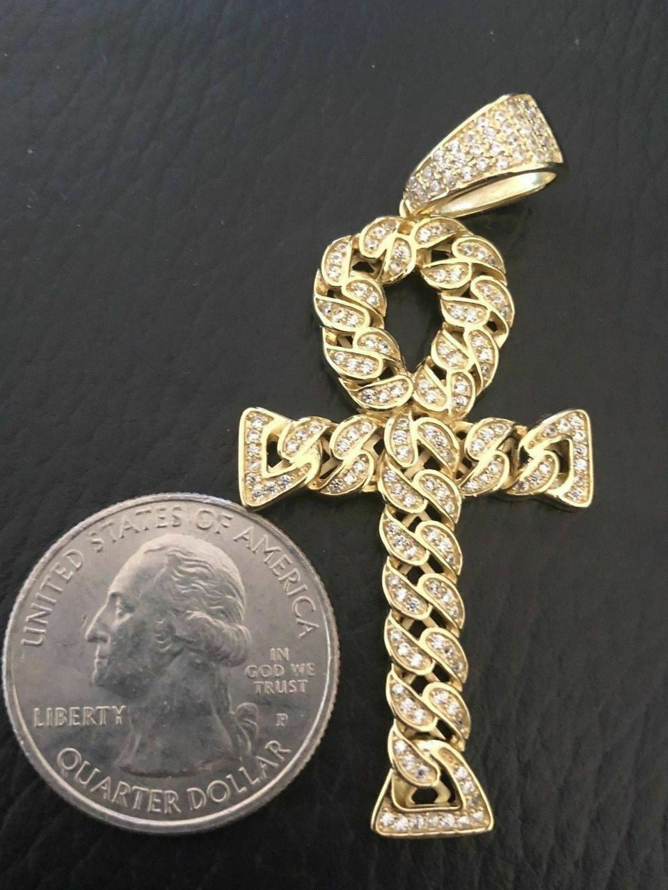 HarlemBling Ankh Cuban Link Cross 14k Gold Solid 925 Sterling Silver Pendant 1ct Man Diamond
