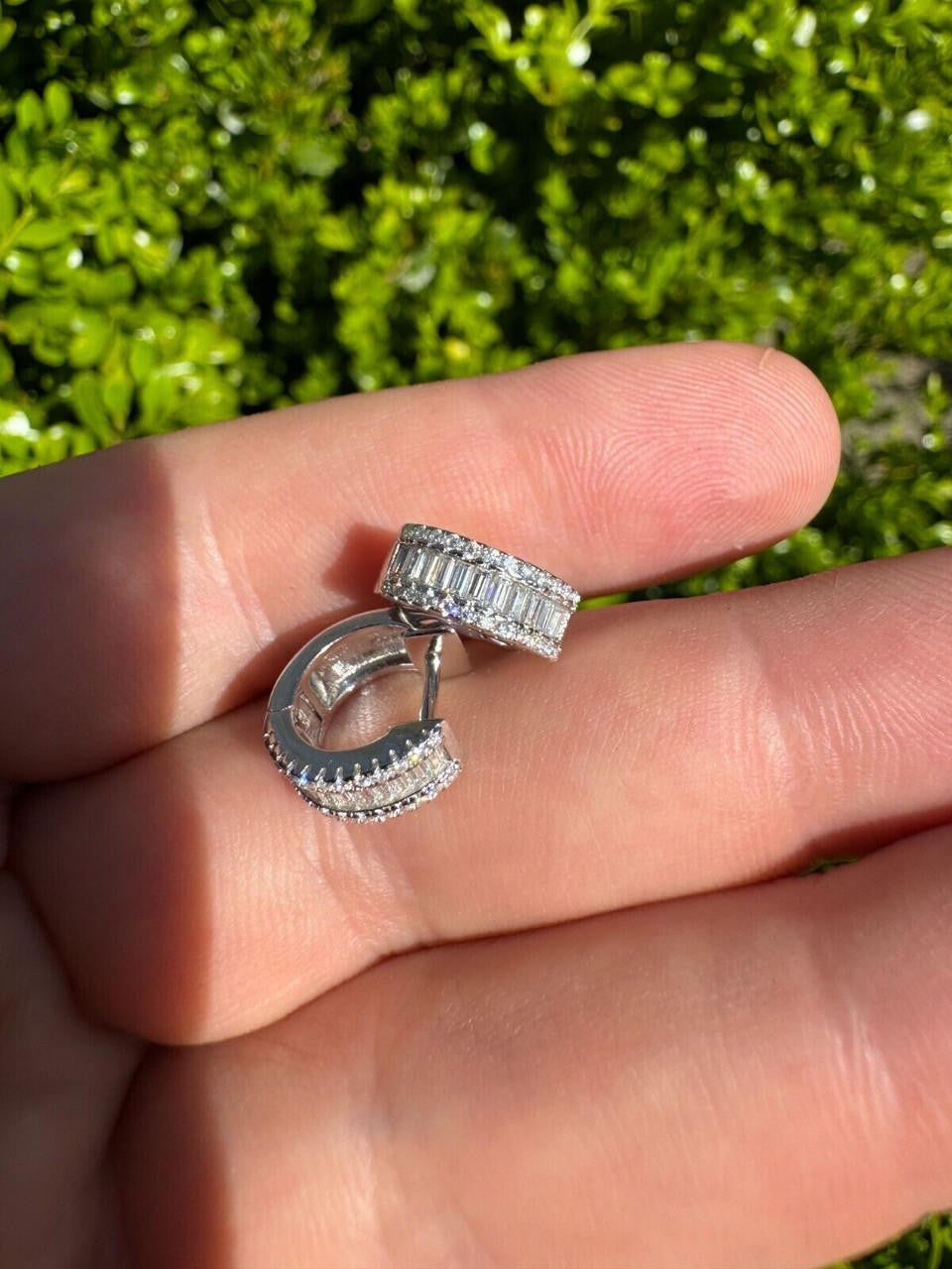 HarlemBling Baguette Moissanite Real Solid 925 Silver Hoops Small Huggie Hoop Earrings 12mm