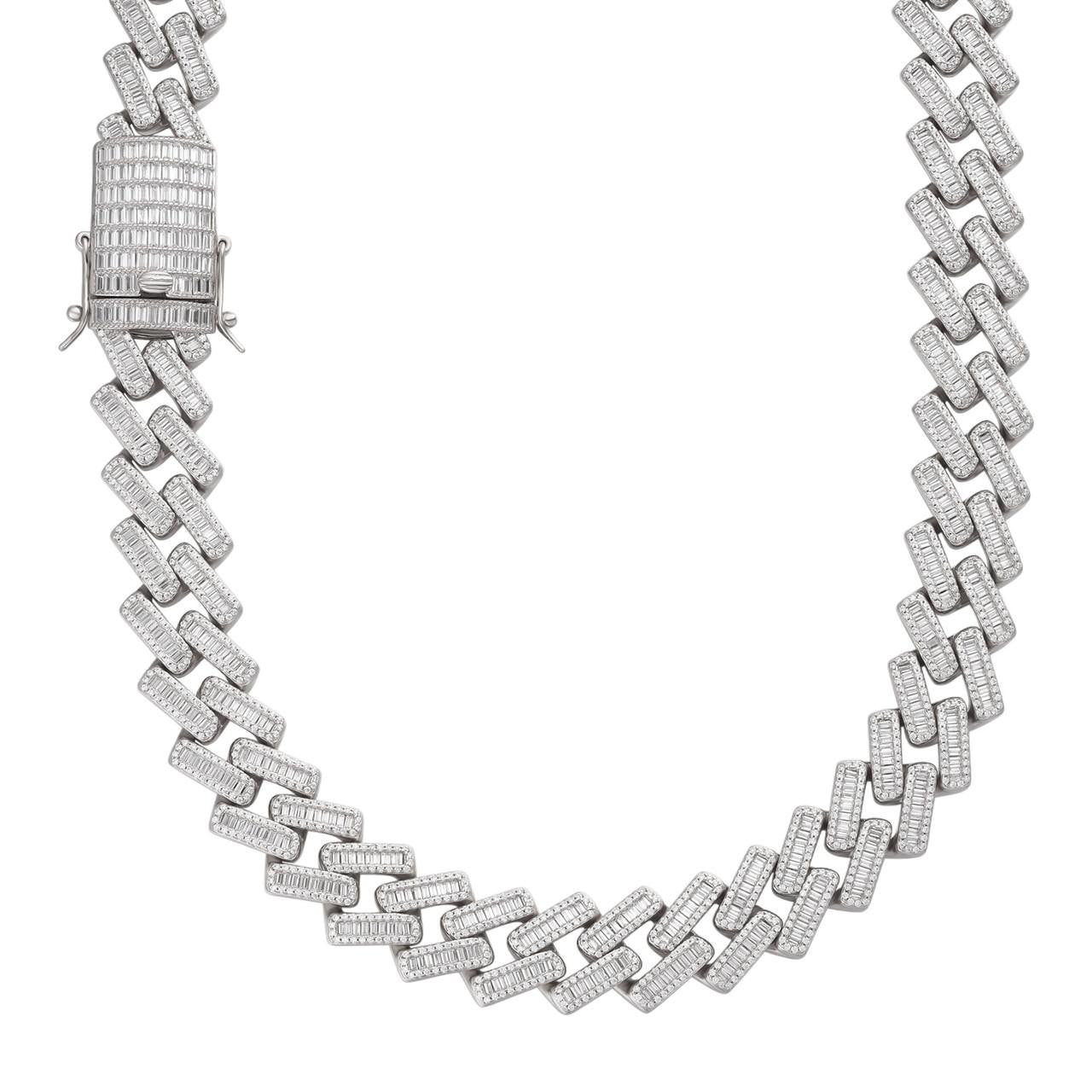 Mens 18mm Baguette Prong Cuban Chain Solid 925 Silver 18