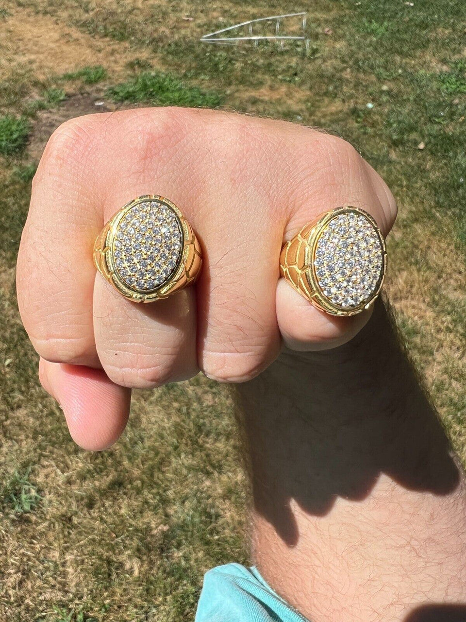 HarlemBling Big Nugget Mens Real Solid 14K Gold Plated 925 Silver Iced CZ Pinky Ring Hip Hop