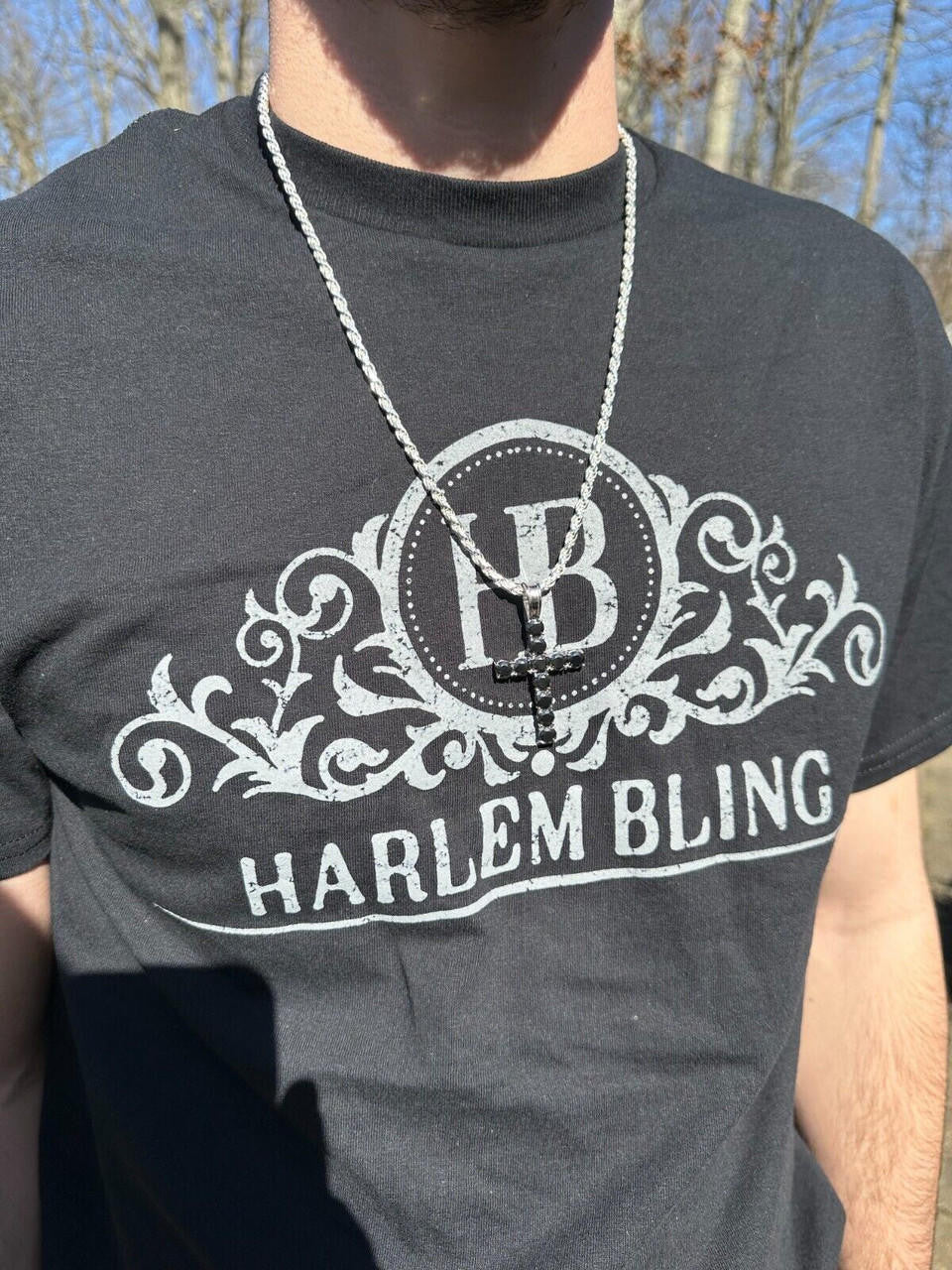 HarlemBling Black MOISSANITE Stone Real 925 Silver Tennis Cross Iced Pendant Necklace HipHop