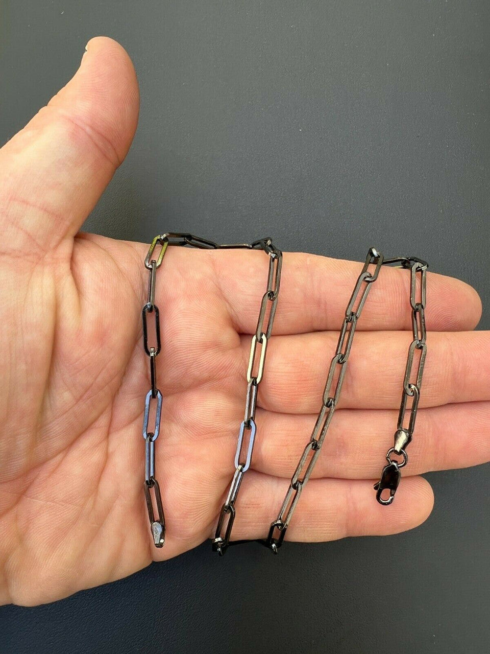 HarlemBling Black Rhodium Oxidized Real 925 Silver Paperclip Rolo Chain 4mm Necklace 14-24