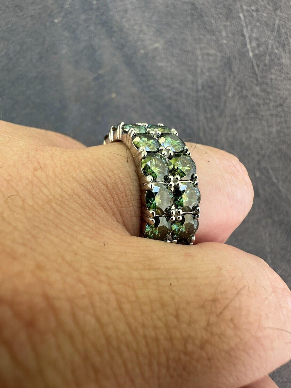 HarlemBling Blue Green Moissanite Ring Real 925 Silver Hip Hop Iced Tennis Band 10mm Big