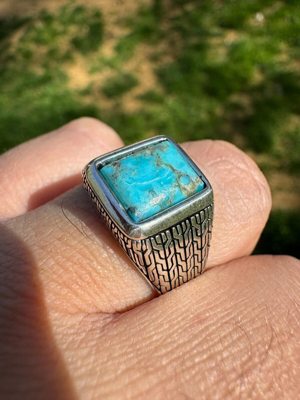 HarlemBling Blue Turquoise Mens Real Solid 925 Silver Navajo Native American Inspired Ring