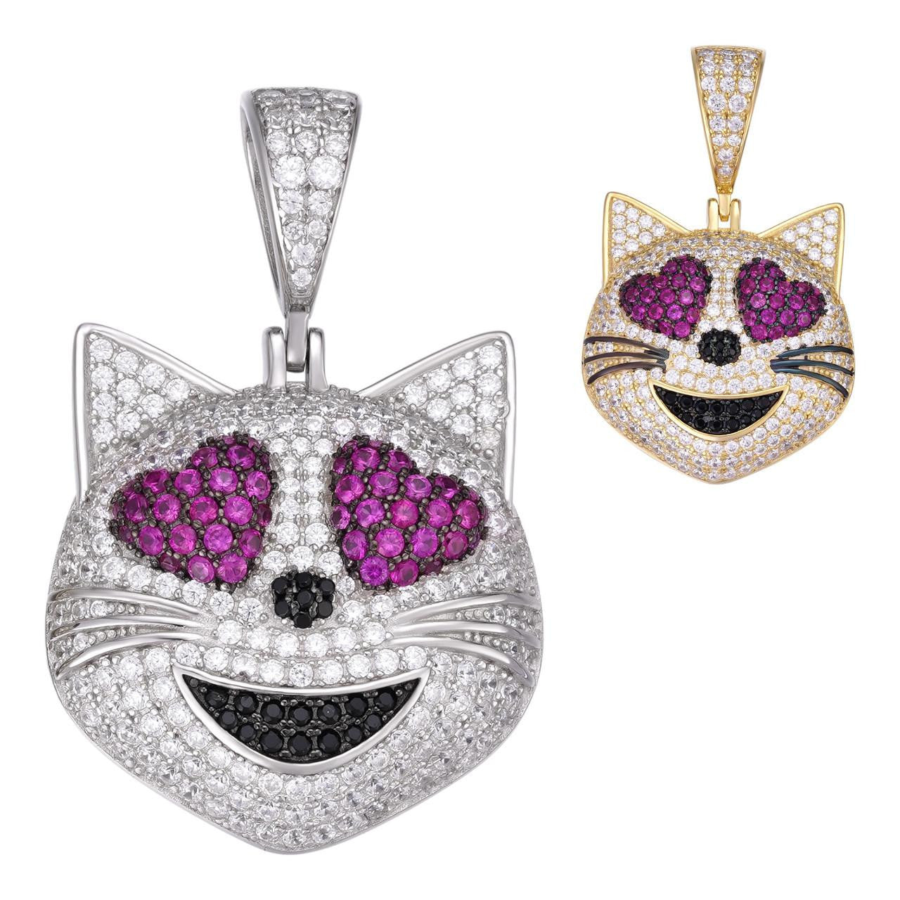 Real Solid 925 Silver Hip Hop Cat Heart Love Emoji Pendant