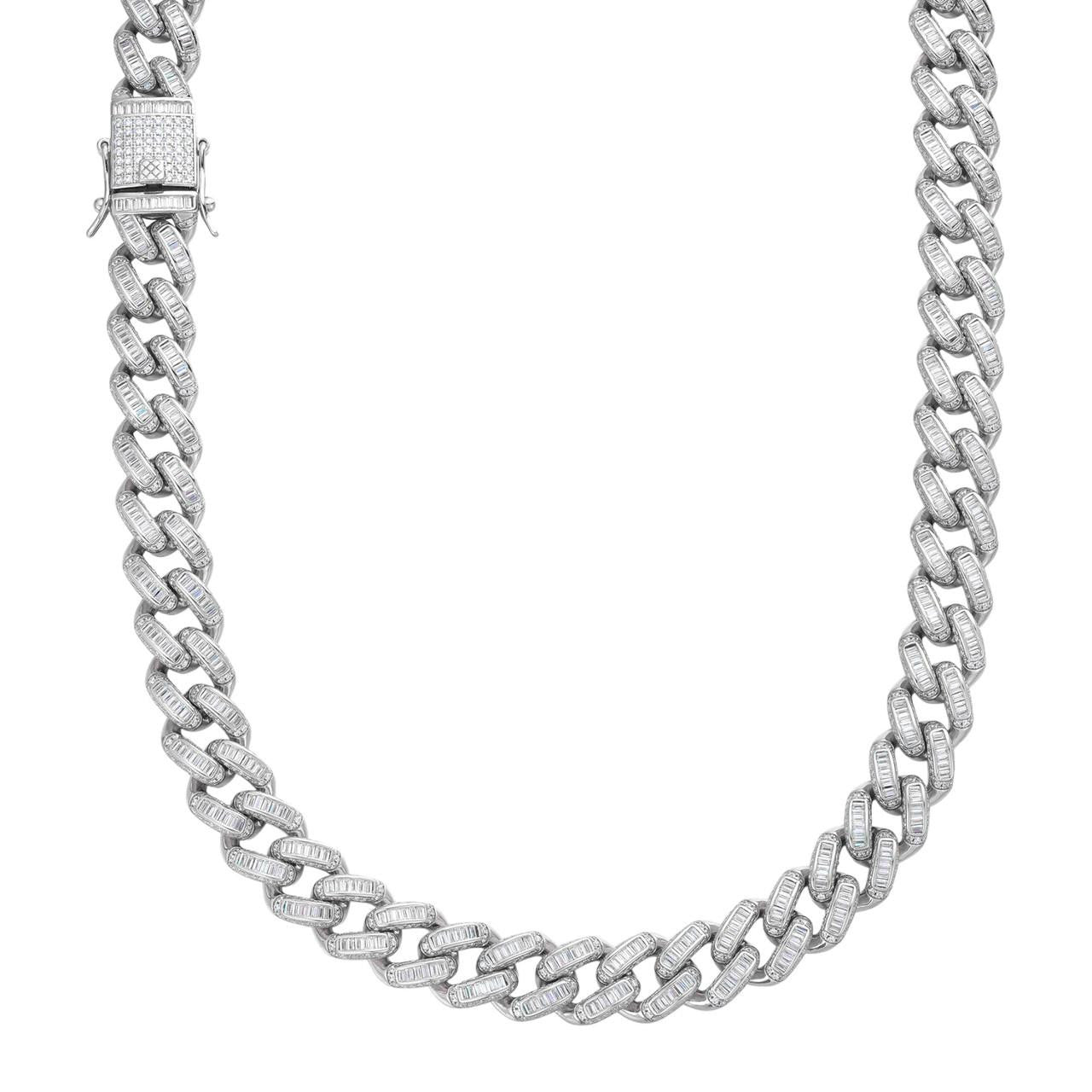 Solid 925 Sterling Silver 12mm Baguette Diamond Miami Cuban Link 