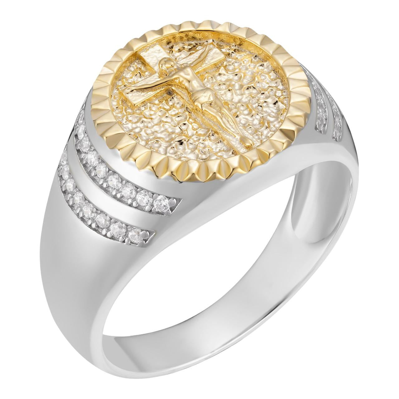 Mens Solid 925 Sterling Silver & 14k Yellow Gold Coin Ring Jesus