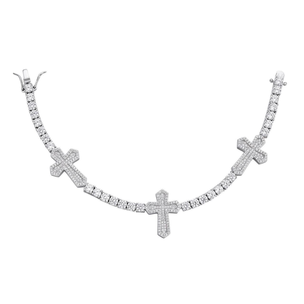 Real Solid 925 Silver Iced CZ Cross Shape Tennis Bracelet Mens