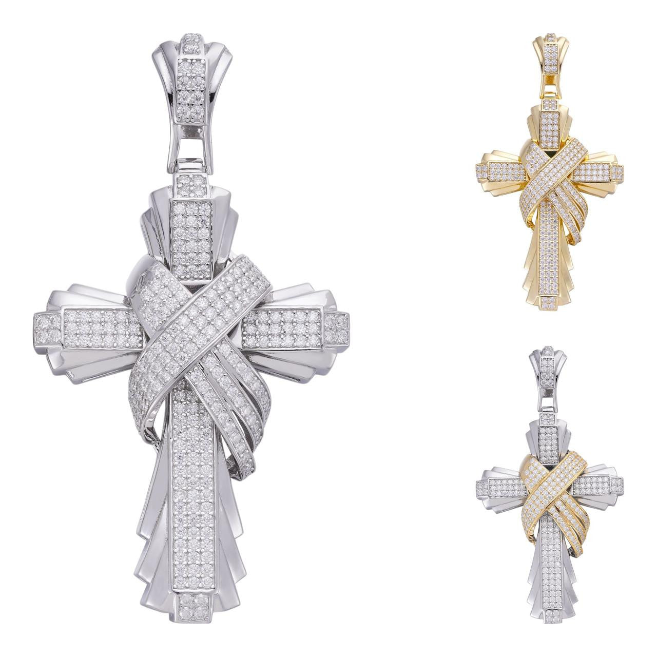 Men's Large Cross Pendant Solid 925 Sterling Silver 14k Gold
