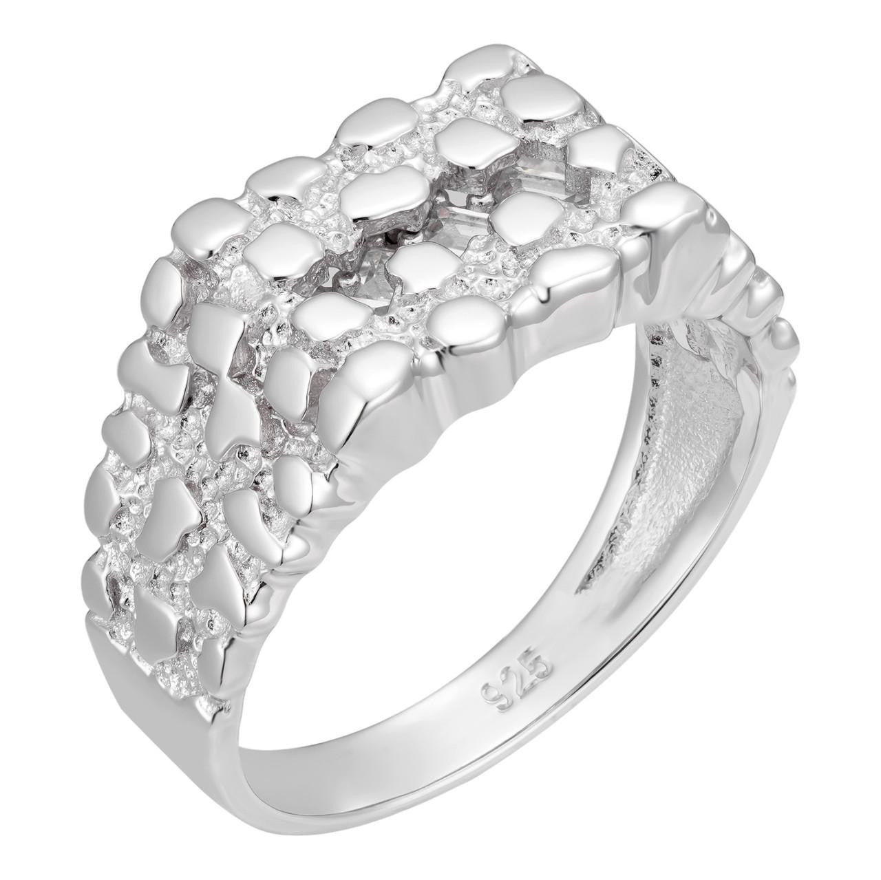 Mens REAL Solid 925 Sterling Silver Nugget Ring Iced Baguette