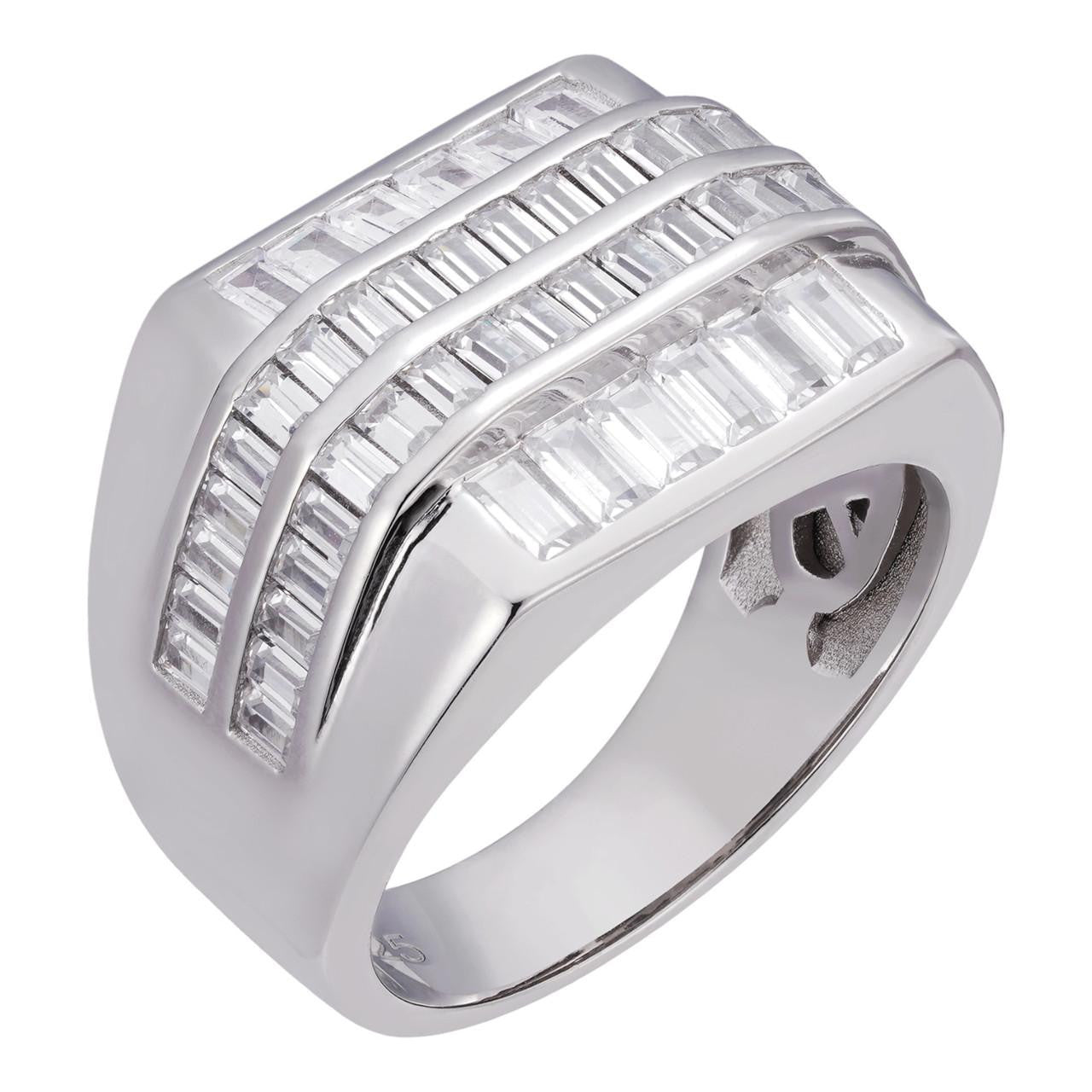 Mens REAL Solid 925 Sterling Silver Iced Baguette CZ Square Ring 
