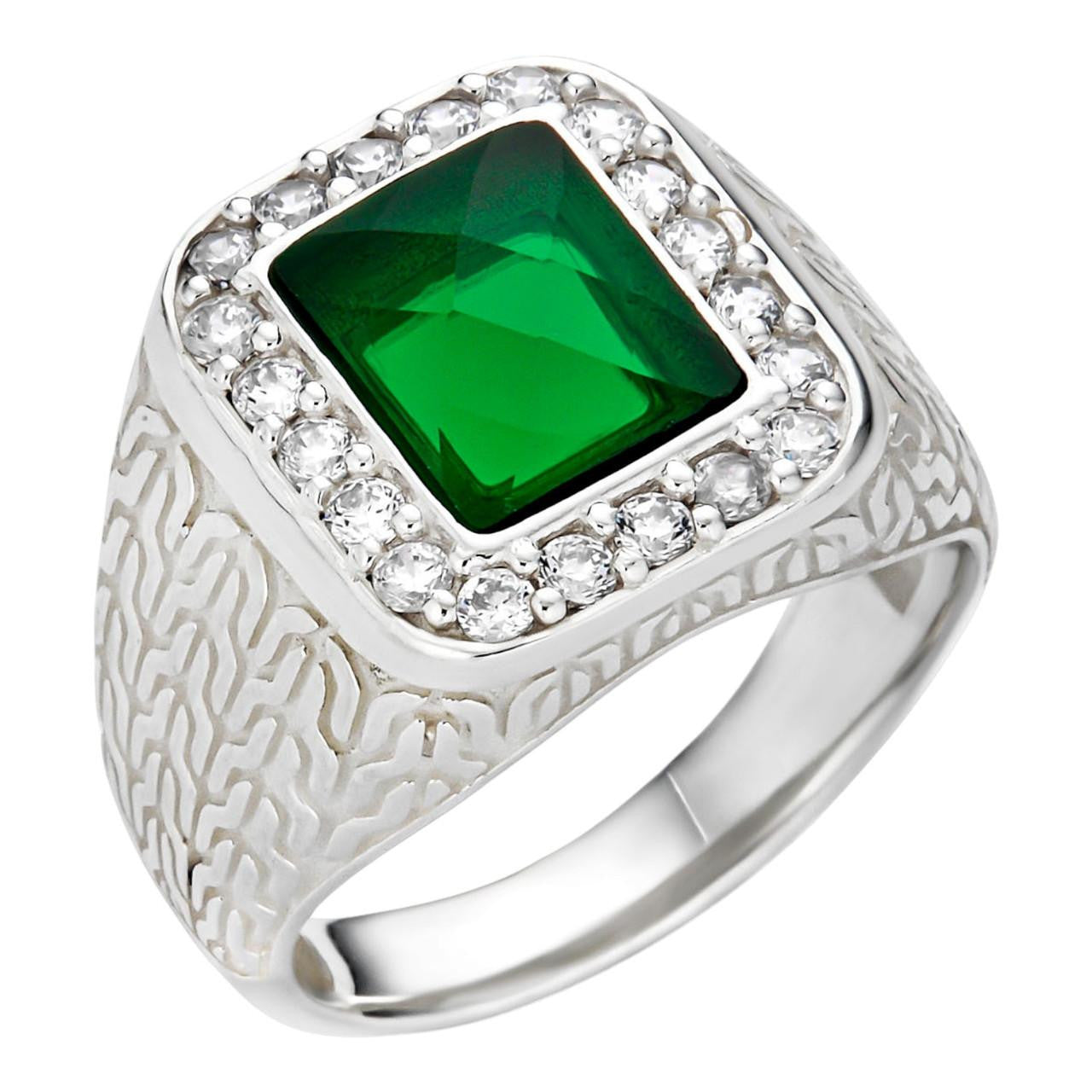 Men's Real 925 Sterling Silver Iced Simulated Green Emerald & CZ