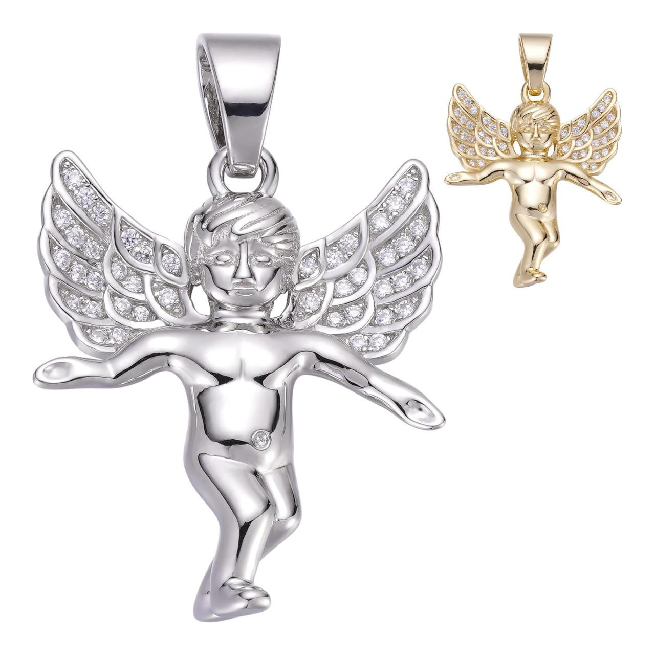 Micro Angel Pendant Iced CZ Solid 925 Silver Gold Plated Necklace