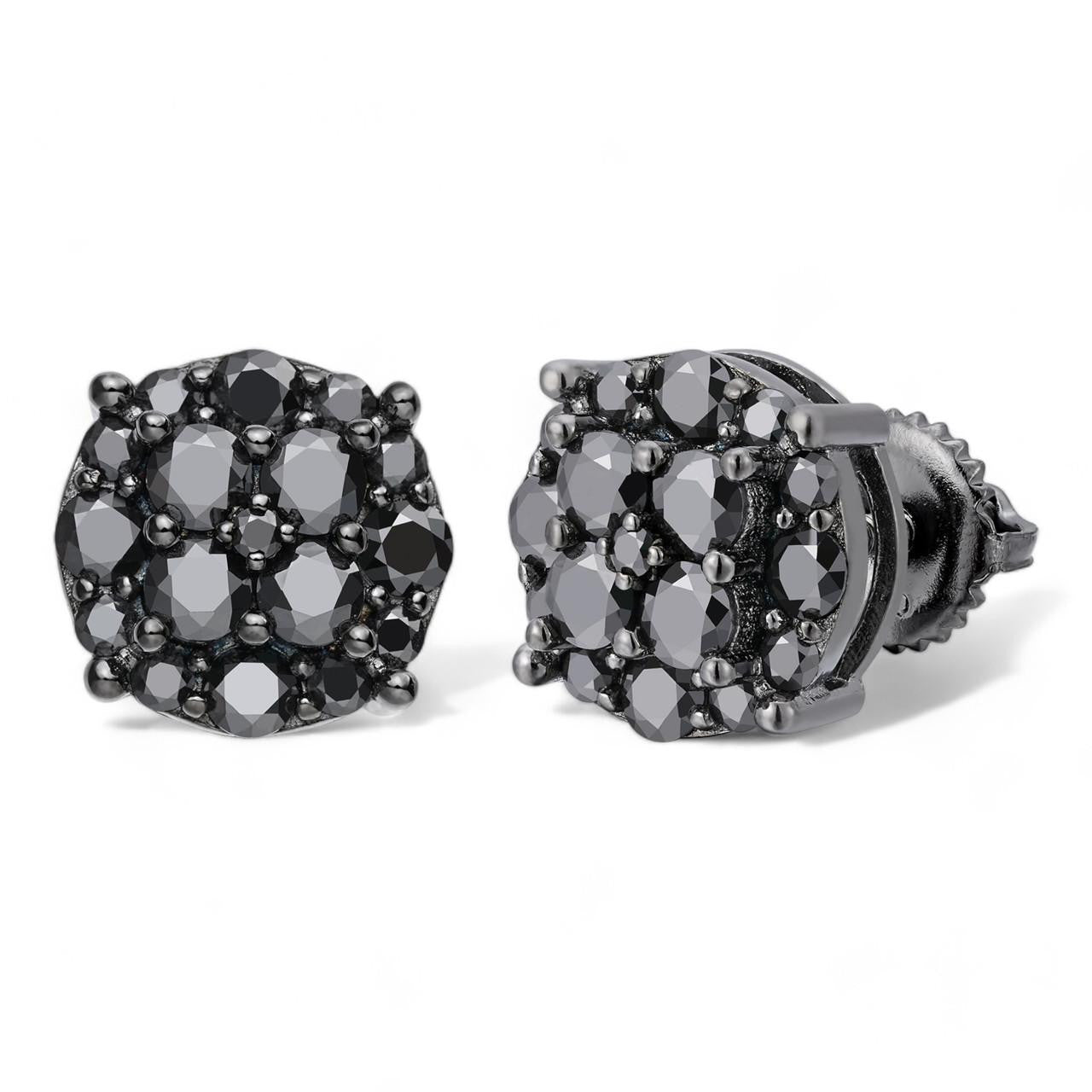 Real Solid 925 Silver Hip Hop Black Diamond Earrings 1/3