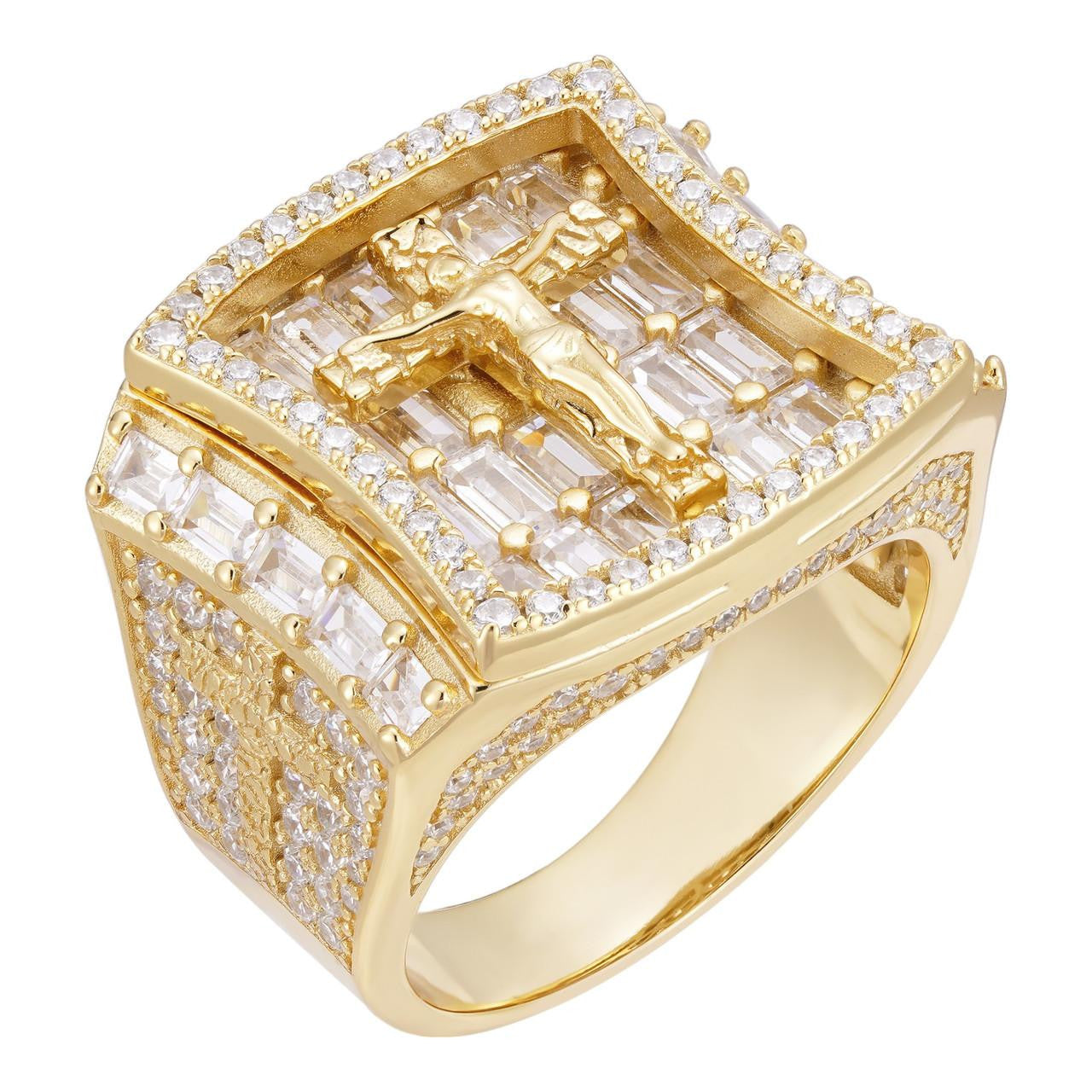 14k Gold Plated Solid 925 Silver Iced Out Baguette CZ Pinky Cross Ring – Men's Hip Hop Style – Made In Italy