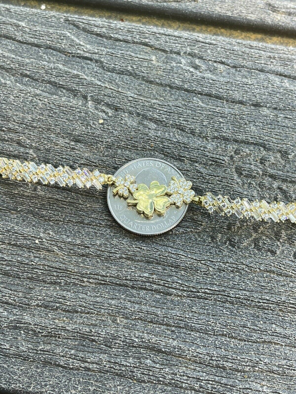 HarlemBling Ladies Real 925 Silver / Yellow Rose Four Leaf Clover Baguette Diamond Bracelet