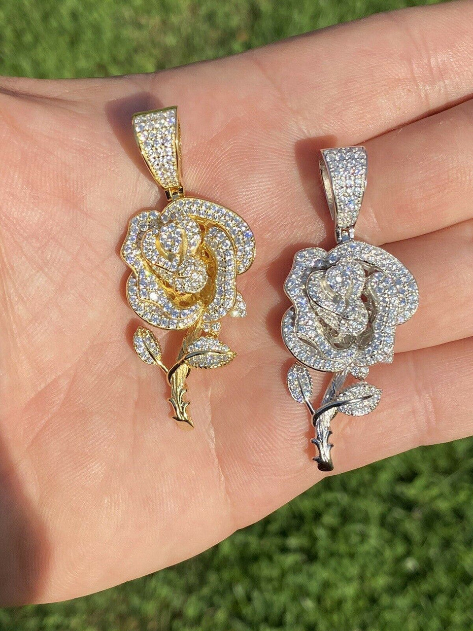 HarlemBling Ladies Solid 925 Silver Rose Flower Pendant Necklace Iced Hip Hop Gold Diamond