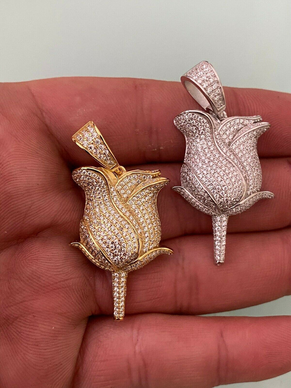 HarlemBling Ladies Solid 925 Sterling Rose Flower Pendant Necklace Iced Hip Hop Gold Silver