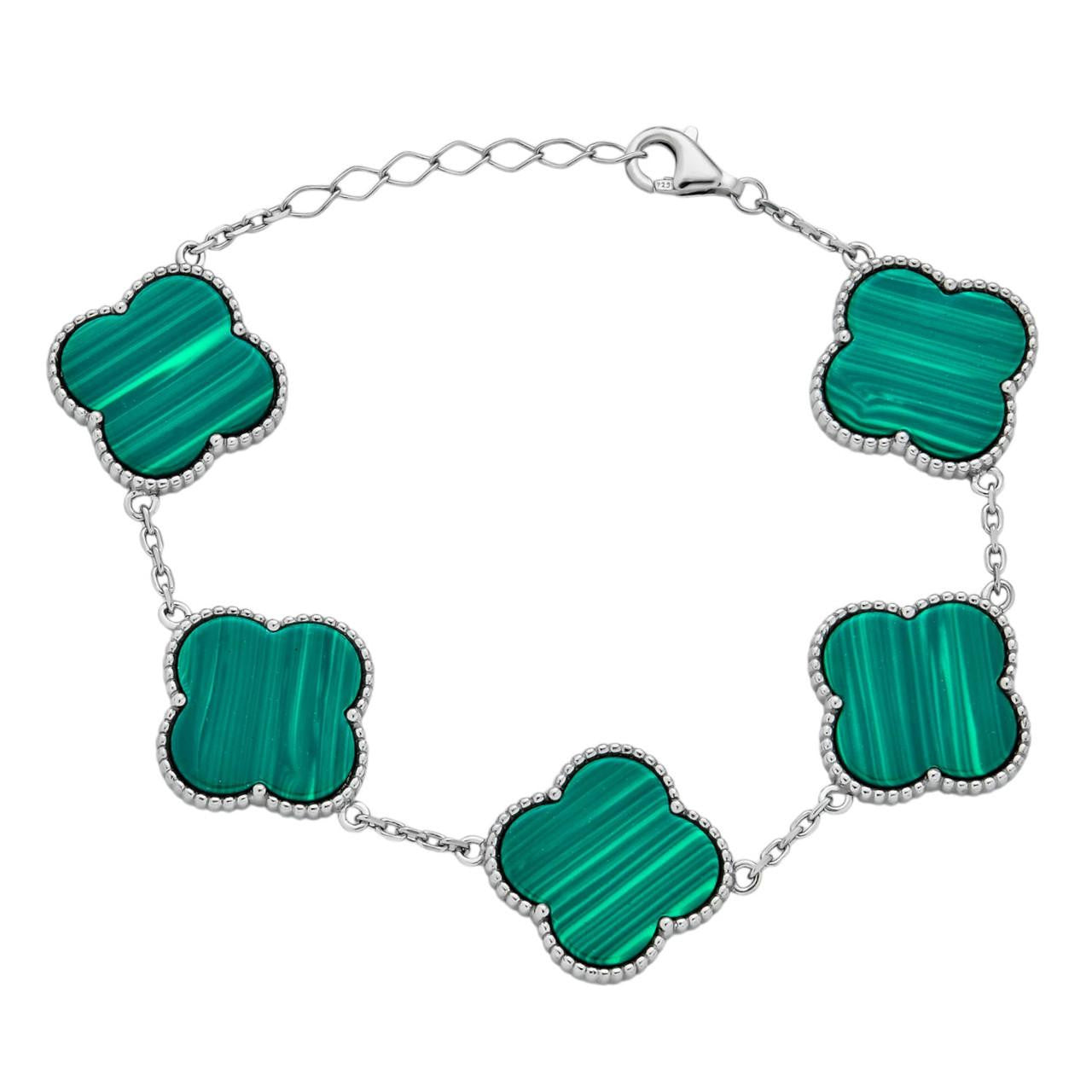 Real 925 Sterling Silver Green Malachite Four Leaf Clover Flower