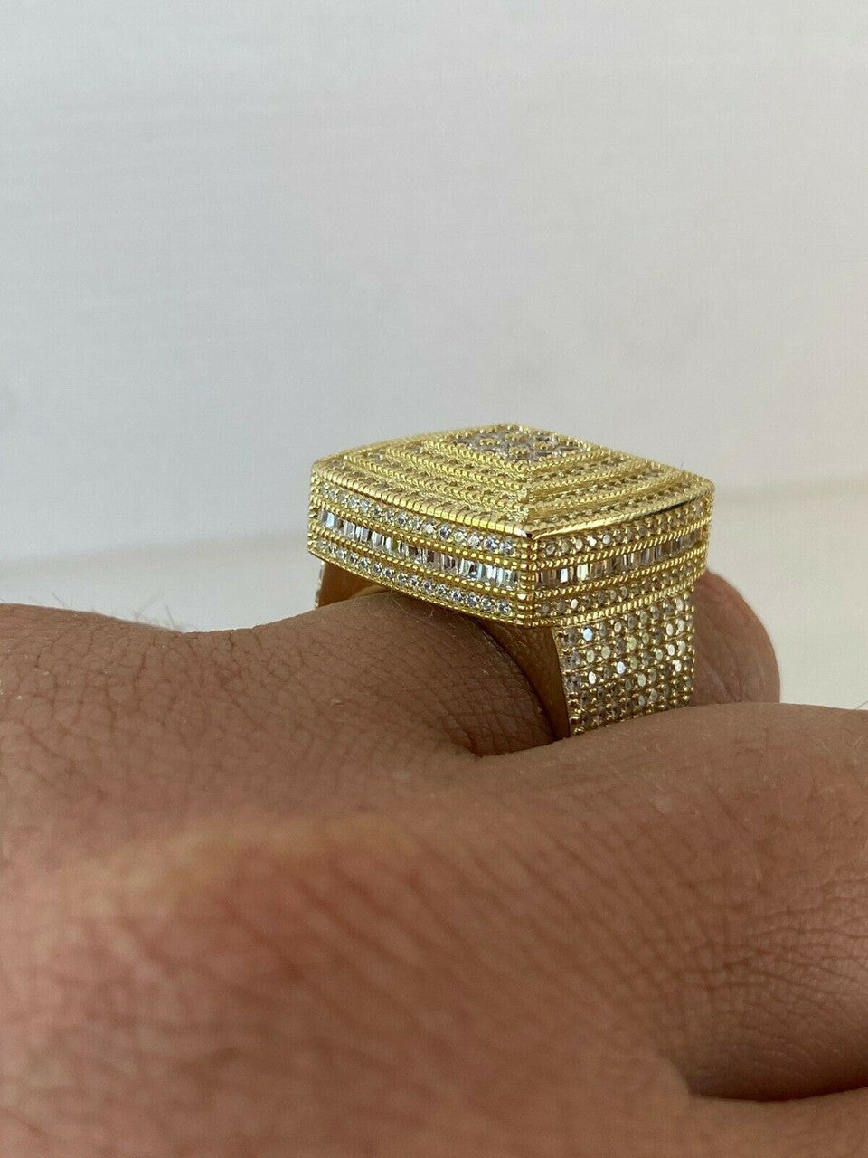 HarlemBling Large Iced 14k Gold Over Real Solid 925 Sterling Silver Men Diamond Ring Hip Hop
