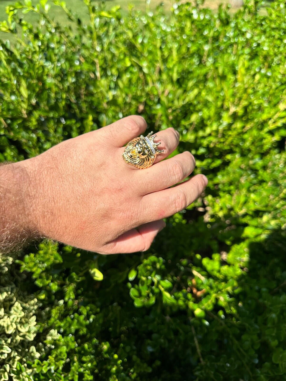 HarlemBling Lion W. Moissanite Baguette Crown 3D Mens Ring - 14k Gold Over Real 925 Silver