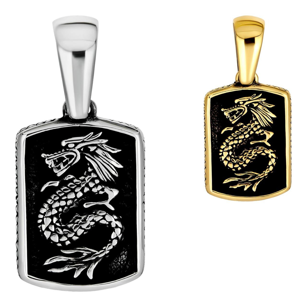 Lucky Dragon Dog Tag Pendant - 14k Gold Vermeil Or Oxidized 925