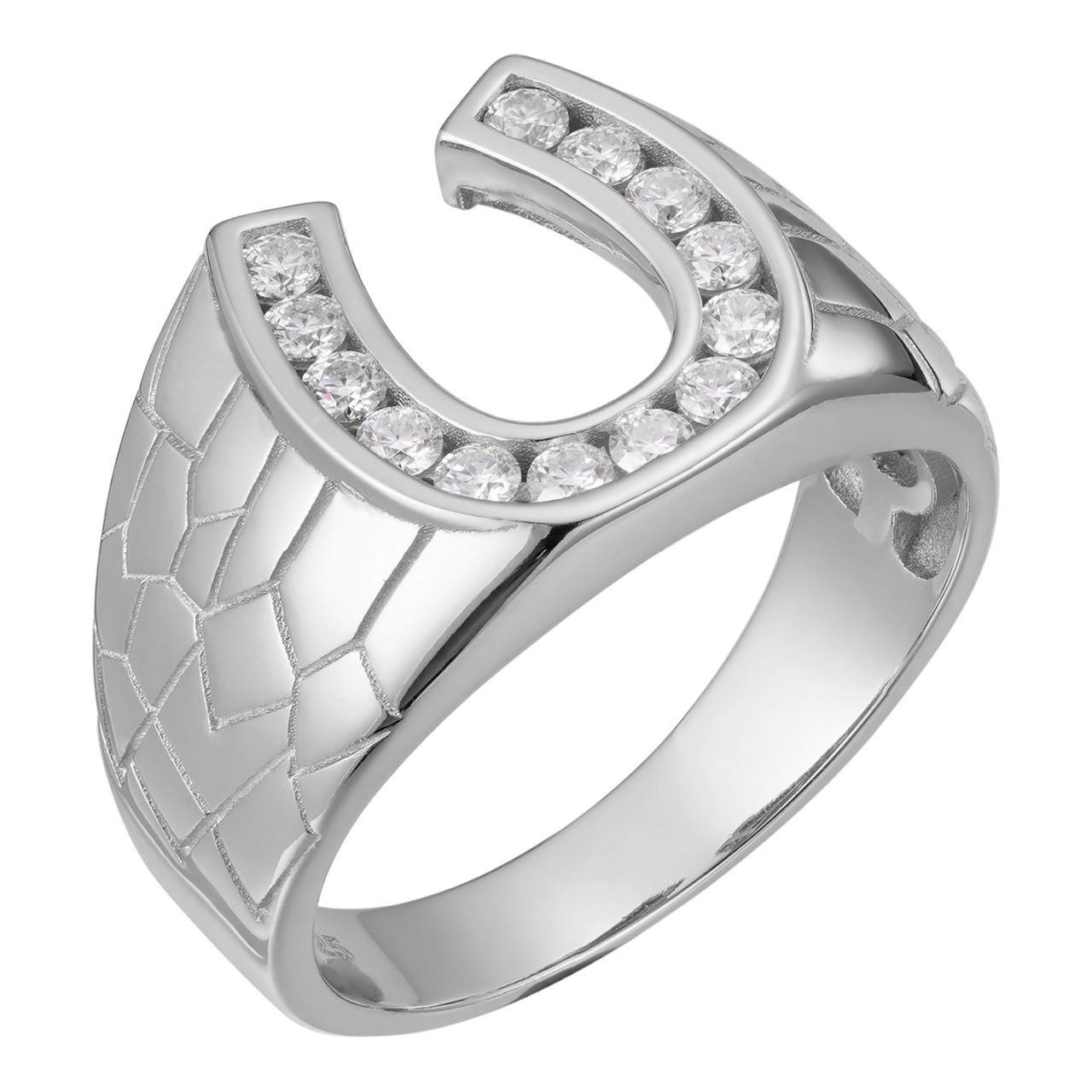 Men's Real Solid 925 Sterling Silver Lucky Horseshoe Ring Iced